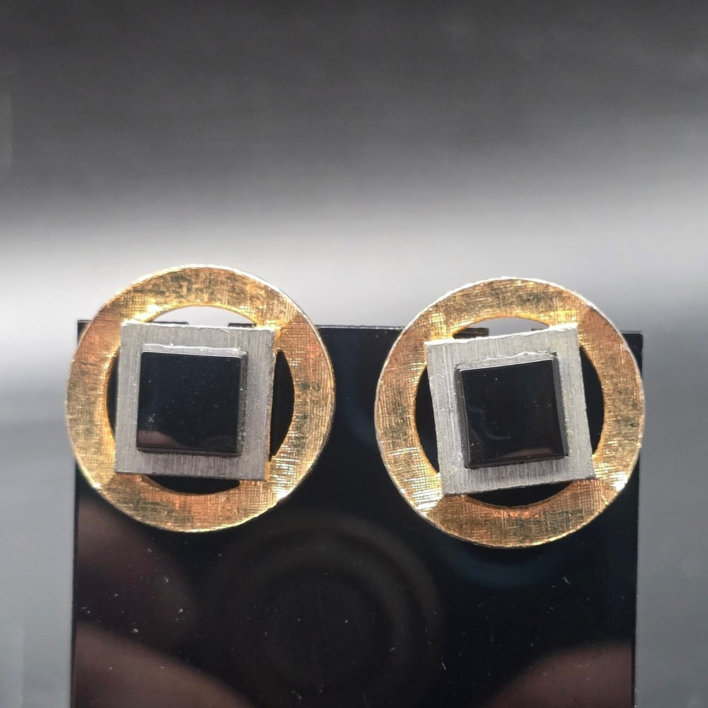 Two Tone Geometric Cufflinks Black Gold Tone Silver Tone Vintage